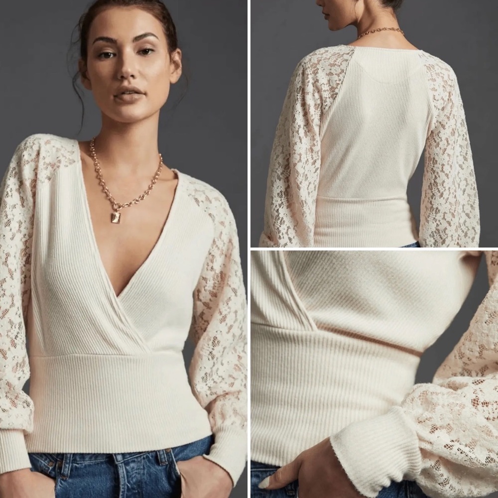 Anthropologie Lace Long Sleeve Sweater Cream Faux Wrap Top